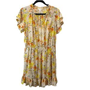 Lauren Conrad LC Yellow Floral Tie Neck Short Ruffle Sleeve Dress Womens Size L